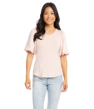 Load image into Gallery viewer, Elevate your everyday look with this gorgeous pale pink ultra-soft french terry top by Karen Kane. Statement puff sleeves made with rich silky satin, create a dramatic effect.   Color- Pale pink.
