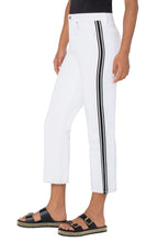 Load image into Gallery viewer, Sporty side stripes bring a fun, unexpected twist to high-waist straight-leg crop jean fashioned with a bit of stretch and laser-cut hems. Pair with a black tank or tee and our matching Jackie Cut Off Trucker Jacket with Sporty Stripes for a chic and fashionable outfit that will be sure to receive compliments!
