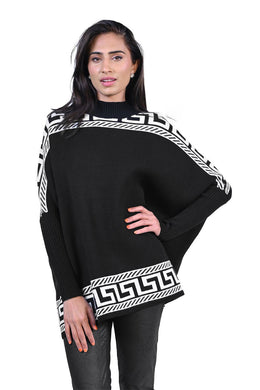 A beautiful geometric design adorns this black and off-white sweater with dolman sleeves. Made with an oversized fit and a fitted sleeve (past the elbow), not only is this sweater stylish but also provides you with a comfy and cozy feel.  Color- Black and off-white. Dolman sleeve.  Mock neck. Oversized fit.
