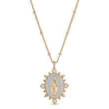 Load image into Gallery viewer, Deepen the faith with the Lady Lourdes pendant necklace. This gorgeous necklace features a silver background, highlighting a portrait of the Virgin Mary in gold surrounded in gold and ornamental cubic zirconia accents and embellished spike details. Perfect for an everyday look.  Color- Silver, gold and white crystals. Cubic zirconia. 14K Yellow gold plating over brass. Length-14&quot; chain length + 2&quot; extender.
