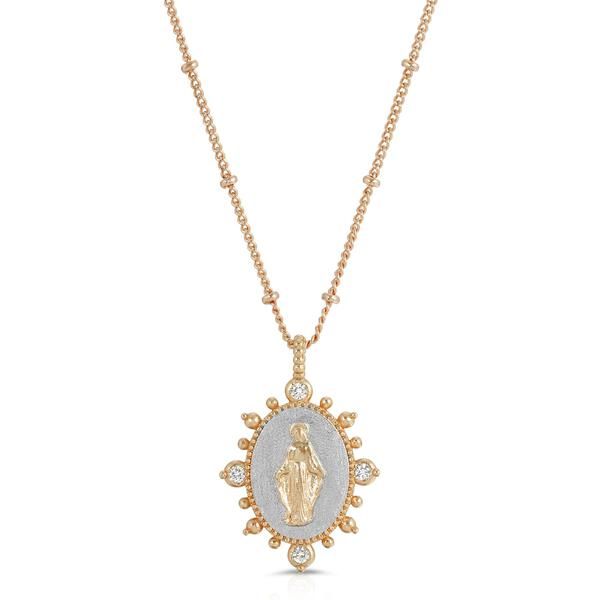 Deepen the faith with the Lady Lourdes pendant necklace. This gorgeous necklace features a silver background, highlighting a portrait of the Virgin Mary in gold surrounded in gold and ornamental cubic zirconia accents and embellished spike details. Perfect for an everyday look.  Color- Silver, gold and white crystals. Cubic zirconia. 14K Yellow gold plating over brass. Length-14