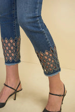 Load image into Gallery viewer, This jean is not your ordinary, run-of-the-mill jean. Our Danika Crop Jean is designed with a diamond cut out, adorned with sparkling rhinestones that will turn heads.  A beautiful crop jean, that is even more dazzling in person, the Danika will elevate your outfit.
