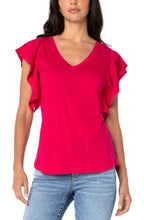 Load image into Gallery viewer, This is not your ordinary classic tee!  It is a classic tee with flair! The flutter sleeve detailing creates an elevated look on a classic piece while the red lollipop color adds even more eye appeal!  
