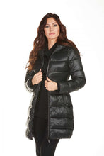 Load image into Gallery viewer, A spectacular long coat by Frank Lyman has rhinestone zipper details that just pop on a black background.  Stay ultra-warm and be extremely fashionable when you wear this fabulous coat during the cold days.  Color- Black. White Swarovski crystal zipper embellishments. Puffer style. Functional pockets. Hood. Zipper closure.
