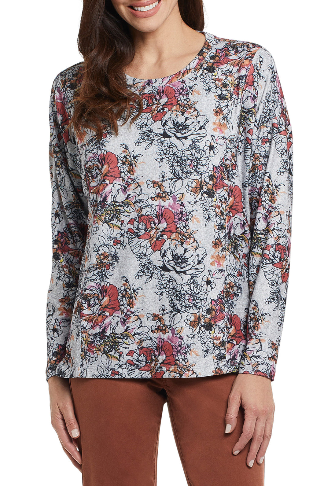 A perfect soft and cozy long sleeve top is one you'll want to add to your closet as it goes with so many different bottoms.  With its vintage feel floral design and beautiful combination of colors, this top can be dressed up with a skirt, or paired with your favorite leggings for a more casual look.  