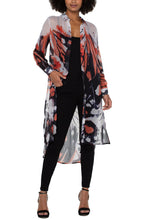 Load image into Gallery viewer, The butterfly is a symbol of new beginnings with rich glowing colors, bold butterfly wing patterns and new silhouettes.  This flowing knee-length chiffon printed blouse is chic and elevated! Looks fabulous when worn with a black cami or one of our Strap-It bras.  Where open as a duster or closed and pair with denim or a great legging.
