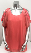 Load image into Gallery viewer, A vibrant coral color really pops on this flowy, beautiful Casey Coral Top by M Made In Italy. The design details are spectacular with crochet split short sleeves.  The flowy fabric on the outside of a solid tank offers a feminine touch.  A little drama, a little romance, this solid hue pairs perfectly with almost everything in your closet.
