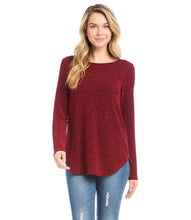 Load image into Gallery viewer, Standout in this knit top that sparkles with shimmering metallic threads. Pair it with black slacks for a polished holiday look. Color- Red. Long sleeve. Scoop neck. Sparkle knit.

