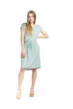 Load image into Gallery viewer, Comfort and style are excellent descriptions for this lovely mint stripe dress. The elastic waist gives definition while the tie, although not functional, gives our Mimi dress added appeal.  Functional side pockets and cuffed sleeves make this dress even more desirable. You will love the feel of the very soft knit so much, it will become one of your favorites. This is the perfect dress to do everything from running errands to having lunch with friends and everything in between.

