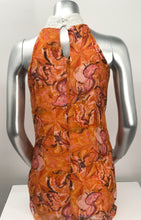 Load image into Gallery viewer, A striking orange with splashes of pink, white and dark gray come together to create a gorgeous, flowy, sleeveless top that will get you compliments!  A beautiful ivory colored lace collar gives even greater interest to this already stunning top.  Looks fabulous paired with white or black pants, jeans or shorts.  Dress up or dress casually.  This top is so very versatile!
