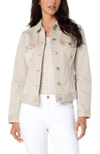 Load image into Gallery viewer, You need this perfect classic denim jacket in Monterey sand color. A jacket for all seasons, our Mandy has amazing stretch and recovery. You&#39;ll find this style becomes your go to layering item for everyday outfits.   Color- Monterey Sand- Light tan. Silver buttons and hardware. Amazing stretch and recovery. Slub stretch twill.

