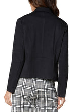 Load image into Gallery viewer, Get ready to receive numerous compliments when you wear this beautiful textured moto blazer in black. The unique textured design sets this blazer apart from others and gives a stylish flair to any outfit.  The color of this blazer allows it to go with almost everything in your closet. Wear this stunning blazer over any top and you are ready to go to work or play. Goes perfectly with jeans, slacks, skirts and over dresses.  Color- Black.  Black zipper. Front zip closure. Exaggerated collar.
