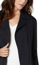 Load image into Gallery viewer, Get ready to receive numerous compliments when you wear this beautiful textured moto blazer in black. The unique textured design sets this blazer apart from others and gives a stylish flair to any outfit.  The color of this blazer allows it to go with almost everything in your closet. Wear this stunning blazer over any top and you are ready to go to work or play. Goes perfectly with jeans, slacks, skirts and over dresses.  Color- Black.  Black zipper. Front zip closure. Exaggerated collar.
