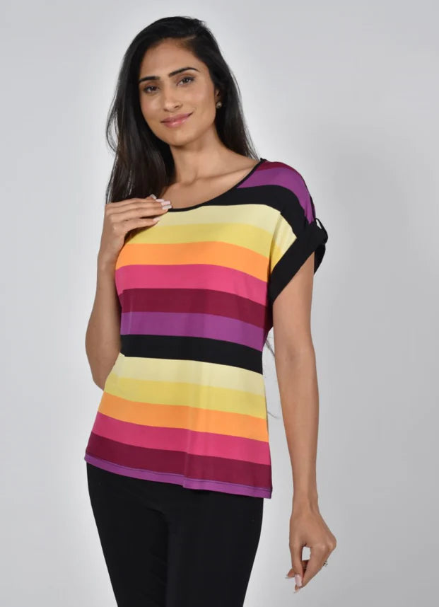 Pops of color are striking on this gorgeous short sleeve summer top. Vibrant colors of pink, yellow, purple and orange in stripe pattern go around the front and back.  A black rhinestone tab on each sleeve creates even greater interest to this fabulous top.   This gorgeous style pairs beautifully with black or white pants or shorts.