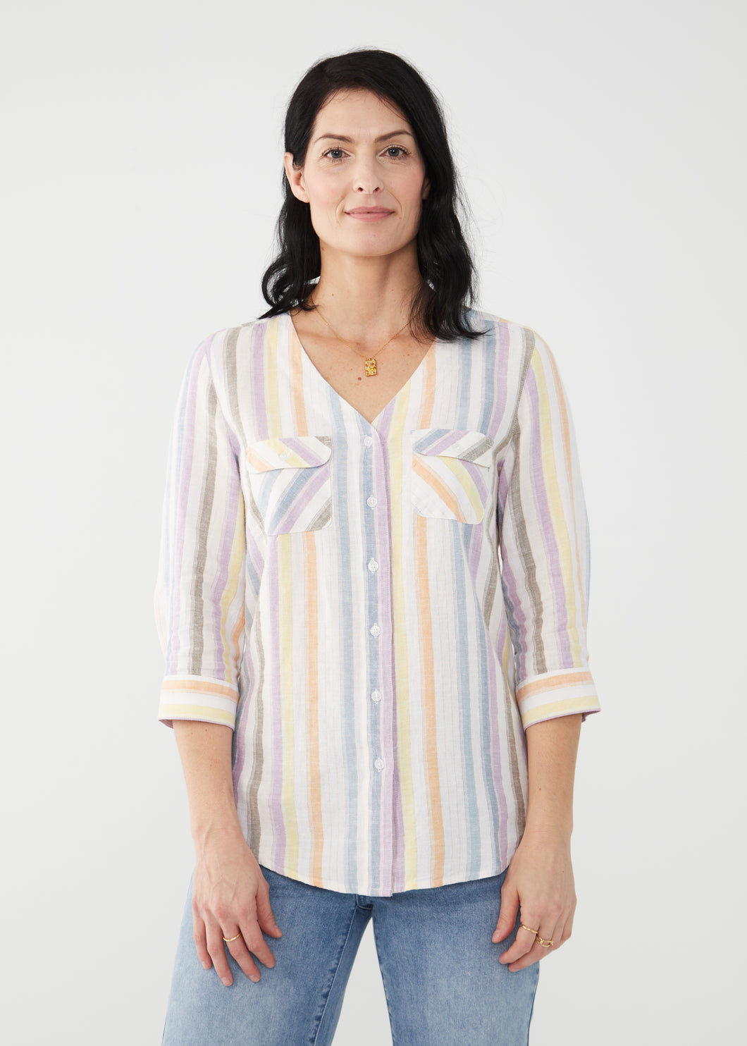 Nothing says Spring/Summer fashion than a top with a beautiful array of pastel colors in a stripe pattern.  Add a little gold shimmer threading throughout and you have the perfect top to pair with so many of your favorite bottoms. Show off your favorite piece of jewelry with a V-neck design.  