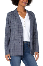 Load image into Gallery viewer, Chic and fabulous is our Promise navy and porcelain plaid boyfriend blazer! Fits a bit oversized with a feminine silhouette and an open front design.  Blazers are in style and this blazer will provide you with a fashionable and classic look.  Dress up for work or pair with your favorite tee and jean.  This blazer is a must have.  Want the complete look? Create the perfect outfit with our MADONNA NAVY AND PORCELAIN PLAID SLIM PANT. Color- Navy and porcelain plaid.
