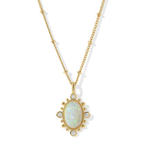 Load image into Gallery viewer, A gorgeous design on the New Lourdes Opal Necklace creates a lovely pendant that can be worn for all occasions. A gorgeous oval opal is surrounded by gold detailing and four cubic zirconia.  The intricate chain has small gold beading.  The beauty is in the details and our New Lourdes necklace is a beauty in its own right. 
