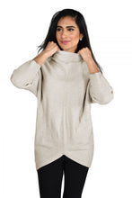 Load image into Gallery viewer, A gorgeous neutral oatmeal color sweater is a style that virtually matches perfectly with any of your favorite bottoms. This so soft and classy sweater features dolman sleeves ribbed mock neck and sleeves, and a seam down the center. The chevron stitching details on the front, give this gorgeous sweater even greater interest.   Color- Oatmeal Chevron detailing on front. Ribbed mock neck and sleeves. Center seam. Soft fabrication. Longer length.
