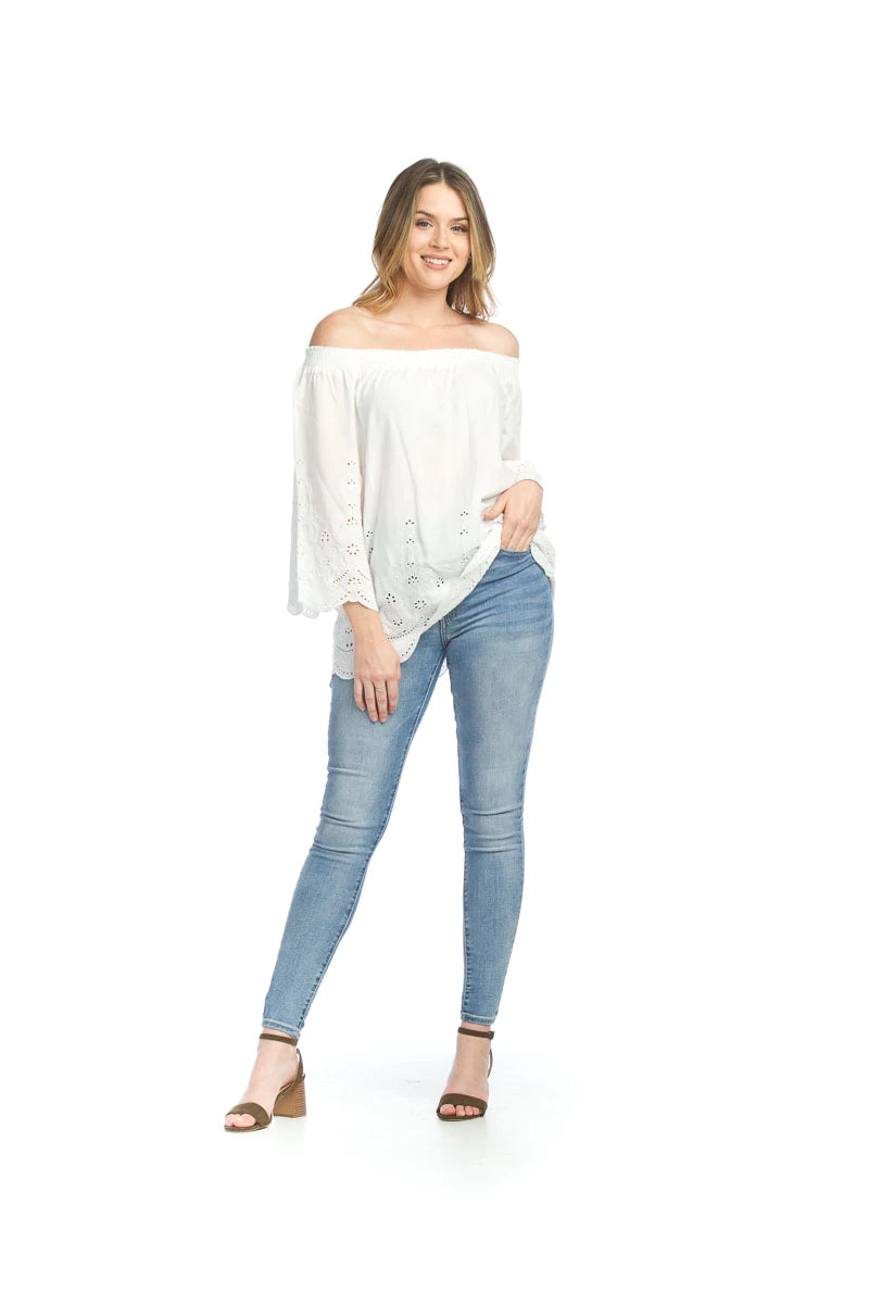 The details are in the design! Our crisp white Candice Off the Shoulder top is a perfect top to dress up or wear casually and it goes effortlessly with so many bottoms.  A stunning eyelet design lines the bottom and sleeves, while the sleeves have a romantic cut.  A lightweight material, this beauty is an ideal piece for your summer wardrobe!