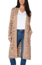 Load image into Gallery viewer, This Open Front Cardigan Sweater is an effortlessly chic layering piece.  Pairs well with denim and is perfect for transitional weather. Layer over your favorite matching tee for a fashionable look or pair with our matching QUINCY SLEEVELESS SWEATER IN GOLD, PURPLE AND TURQUOISE SPACE DYE for the perfect fashionista look!  Color- Space dye; purple, gold, turquoise, white. Open front. Long sleeves with ribbed cuffs.

