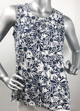 Load image into Gallery viewer, Daisies in navy, white and gray dance on this lovely sleeveless top by Papillon.  The color combination makes it a very versatile top to pair with so many different bottoms from jeans to skirts and everything in-between.  
