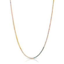Load image into Gallery viewer, A beautiful tennis necklace with perfect pops of pastel, the Gracie is a lovely piece that can be layered or worn alone.  Our Gracie necklace will easily become your new favorite for the Spring/Summer.  Add our Gracie Pastel Tennis bracelet for extra sparkle!  Colors- Clear, pink, blue, yellow and gold. Length -6.5&quot; with a 1.5&quot; extender. Cubic zirconia. 14k gold plating over brass.
