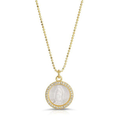 Featuring a carved mother of pearl inlay with Mary silhouette in center, this pendant is perfect to pair with the classic mother Mary necklace.  Color- Gold and white Genuine mother of pearl shell. Gold ball vermeil chain. Chain length -16