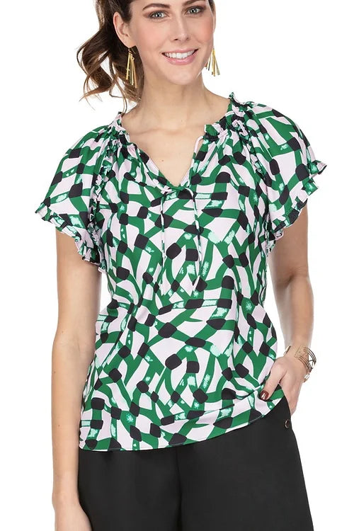 A darling short sleeve top, our Betsy has an incredible abstract print in pink, green, black and white.  The details on this fabulous top give it an edge with ruffle sleeves and a ruffle v-neckline with ties. Our Betsy pairs beautifully with black or white bottoms.   Colors- Light pink, green, black and white. Pull-over. Ruffle detailing on sleeves and neckline. V-neck. Ties. Abstract print. Not sheer. Not stretch fabrication.