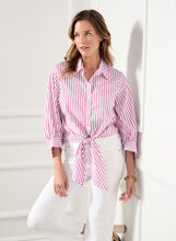 Load image into Gallery viewer, Perfectly polished for summer, this cotton-blend shirt is detailed with mixed-scale stripes. It features a stylish tie-front to accentuate the waist. Pair with your favorite white bottoms or denim. Colors- White, Pink Blouson sleeve. Button down. Tie-front. Perfect stretch.
