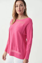 Load image into Gallery viewer, This gorgeous top features a luxurious light knit with geometric mesh panels, long sleeves and a round neckline. You&#39;ll love its relaxed, free-flowing silhouette.  Lightweight fabric makes this comfortable top a perfect spring/summer style.  Color- Raspberry; pink. Relaxed, free flowing fit. Geometric mess panels. Round neckline.
