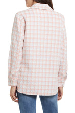 Load image into Gallery viewer, If you&#39;re on the search for the perfect layering piece, this longline plaid shacket has your name written all over it. The shacket trend is a keeper because it checks all the boxes as an ideal upscale-casual item that you can throw over anything in your closet and instantly look effortlessly chic. The relaxed fit is ultra-flattering when paired with your favorite jeggings and a sleek pair of flats.  Color- Wildrose; pink, white and light blue. White buttons. Plaid print. Shacket.
