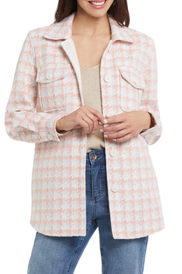 If you're on the search for the perfect layering piece, this longline plaid shacket has your name written all over it. The shacket trend is a keeper because it checks all the boxes as an ideal upscale-casual item that you can throw over anything in your closet and instantly look effortlessly chic. The relaxed fit is ultra-flattering when paired with your favorite jeggings and a sleek pair of flats.  Color- Wildrose; pink, white and light blue. White buttons. Plaid print. Shacket.