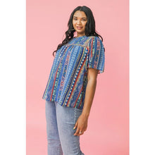 Load image into Gallery viewer, The Halle Flutter Sleeve Top has a gorgeous Aztec pattern that you won&#39;t see anywhere else!  A round neckline with square yoke and a shirred front and back add detail to this lovely top while a keyhole button closure and flutter sleeves create even more interest.
