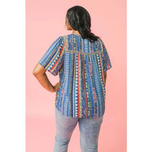 Load image into Gallery viewer, The Halle Flutter Sleeve Top has a gorgeous Aztec pattern that you won&#39;t see anywhere else!  A round neckline with square yoke and a shirred front and back add detail to this lovely top while a keyhole button closure and flutter sleeves create even more interest.
