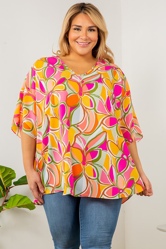 ometimes we just need a little color to spice up the day and our Ava top does just that!  A beautiful pink abstract floral pattern sets this top apart from others and definitely will receive compliments.  A boxier fit, the flow will keep you cool during the warmer days. Imagine this top paired with white bottoms and jeans.  Perfect combinations!  Color- Pink, yellow, brown, green, light blue, coral, white.