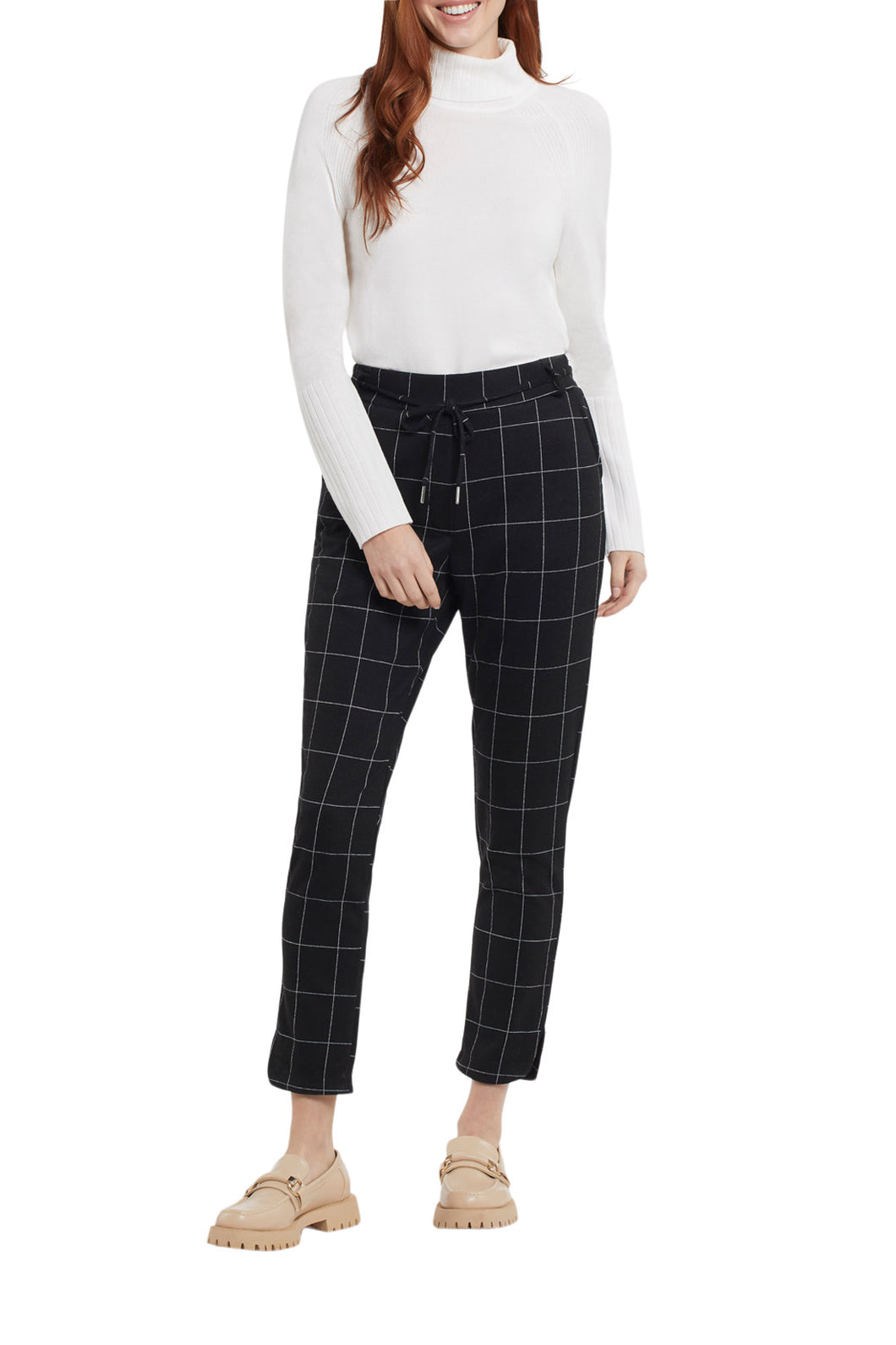  pant that is extra comfortable and has the perfect classic look, is a definite yes! You'll want to wear this pull-on pant over and over again as it offers just the right look for so many different occasions, including holiday get togethers! Color- Black and white. Black with thin white plaid stripe. Pull-on, elastic waist pant with removable corded belt. Rounded hemline. Front functional pockets.
