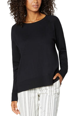 Need a sweater that is lightweight and can be dressed up or down? Look no further! The Raglan sweater with side slits will meet those needs! This perfect essential for the season is one that can be effortlessly paired with so many bottoms.  Perfect weight allows this sweater top to be worn under jackets or alone in the warmer months.  Color-Black. Long sleeve. Round Neck.