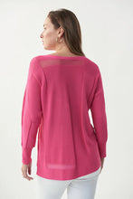 Load image into Gallery viewer, This gorgeous top features a luxurious light knit with geometric mesh panels, long sleeves and a round neckline. You&#39;ll love its relaxed, free-flowing silhouette.  Lightweight fabric makes this comfortable top a perfect spring/summer style.  Color- Raspberry; pink. Relaxed, free flowing fit. Geometric mess panels. Round neckline.
