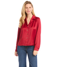 Load image into Gallery viewer, Cut from luxurious vintage heavy satin, this top is detailed with a polished notched collar and cuffed sleeves. The perfect layering piece - soft, shimmering, and easy to dress up or down.  Color- Red. Button down. Vintage heavy satin. Button cuff.
