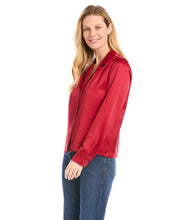 Load image into Gallery viewer, Cut from luxurious vintage heavy satin, this top is detailed with a polished notched collar and cuffed sleeves. The perfect layering piece - soft, shimmering, and easy to dress up or down.  Color- Red. Button down. Vintage heavy satin. Button cuff.
