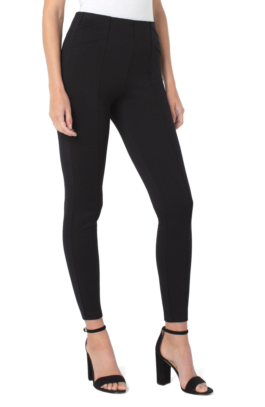 Liverpool's signature hi-rise legging with elongating front seams and an updated double front slant detail is a must have style! Super stretch with amazing recovery prevents this fabulous legging from bagging!  The Reese legging will be the legging you want to live in!  Color- Black. 28'' Inseam. Hi-rise. Seam detailing. Clean, slimming and sophisticated silhouette