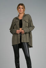 Load image into Gallery viewer, Elan&#39;s signature Rock &amp; Roll jacket is all the fashion this season. A button-up jacket, this is the perfect throw-on jacket.  This Riley is the ideal weight jacket to have on hand for all seasons. The Riley features vintage distressing on the sleeves, pockets, and hems and is oversized.  Recommending sizing down one size. Make a statement while looking fashionable with this fun jacket.

