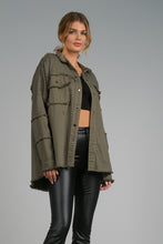 Load image into Gallery viewer, Elan&#39;s signature Rock &amp; Roll jacket is all the fashion this season. A button-up jacket, this is the perfect throw-on jacket.  This Riley is the ideal weight jacket to have on hand for all seasons. The Riley features vintage distressing on the sleeves, pockets, and hems and is oversized.  Recommending sizing down one size. Make a statement while looking fashionable with this fun jacket.
