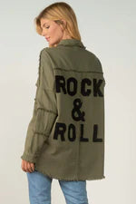 Elan's signature Rock & Roll jacket is all the fashion this season. A button-up jacket, this is the perfect throw-on jacket.  This Riley is the ideal weight jacket to have on hand for all seasons. The Riley features vintage distressing on the sleeves, pockets, and hems and is oversized.  Recommending sizing down one size. Make a statement while looking fashionable with this fun jacket.
