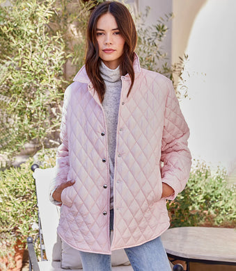 We adore our Quin Quilted Shirt Jacket in a soft pink color called rose.  Diamond quilting brings plush comfort and warmth to this polished jacket; a perfect jacket to transition into spring. You'll fall in love with this jacket at first sight!