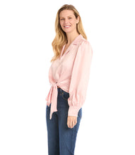 Load image into Gallery viewer, Look stunning in pink when you wear this gorgeous tie blouse, cut from luxurious heavy satin. The detailing is perfect with a stylish tie-front and a polished notch collar. This top pairs perfectly with high-waisted jeans., black pants and is designed to match our ROSE BIAS CUT MIDI SKIRT for a monochromatic look and/or our PACEY PINK PLAID BIAS CUT SKIRT.
