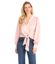 Load image into Gallery viewer, Look stunning in pink when you wear this gorgeous tie blouse, cut from luxurious heavy satin. The detailing is perfect with a stylish tie-front and a polished notch collar. This top pairs perfectly with high-waisted jeans., black pants and is designed to match our ROSE BIAS CUT MIDI SKIRT for a monochromatic look and/or our PACEY PINK PLAID BIAS CUT SKIRT.
