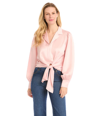 Look stunning in pink when you wear this gorgeous tie blouse, cut from luxurious heavy satin. The detailing is perfect with a stylish tie-front and a polished notch collar. This top pairs perfectly with high-waisted jeans., black pants and is designed to match our ROSE BIAS CUT MIDI SKIRT for a monochromatic look and/or our PACEY PINK PLAID BIAS CUT SKIRT.