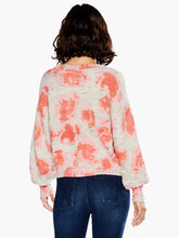 Load image into Gallery viewer, A beautiful pink abstract rose pattern on this fabulous pullover knit will brighten your spirits! This medium weight sweater is ultra comfortable and offers a number of hidden details that complement the bright design: bishop sleeves, a ribbed boatneck collar and comfy bracelet sleeves.   Colors- Pink Multi; Bright pink, coral, tan with hints of dark gray threading.
