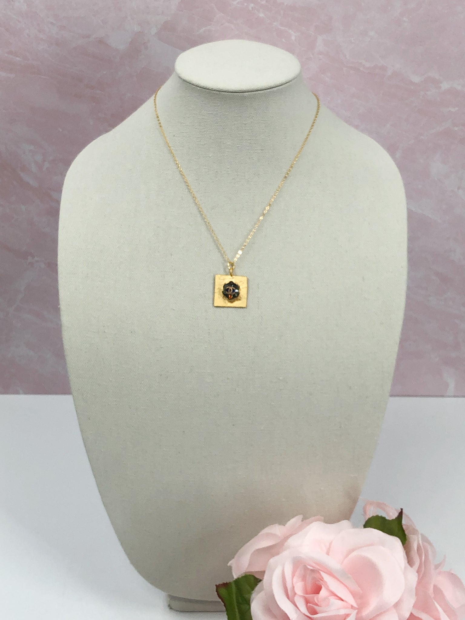 Skyla Square Pendant with Iridescent Vintage Chanel Button - Modern Vintage Creations